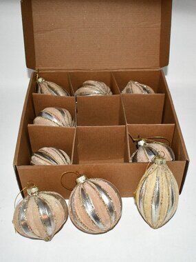 DN DECONATION Christmas Glass Ornaments, Velvet Flocked Light Gold, Set of 9, NW